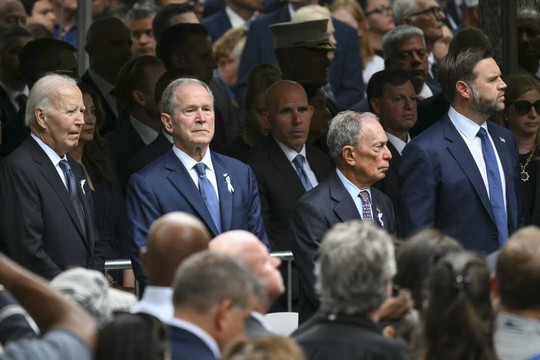 Former US President Joe Biden, former US President George W. Bush, former New York City Mayor Michael Bloomberg, and Vice President JD Vance attend the 25th anniversary commemoration of the September 11, 2001 attacks at the National September 11 Memorial in New York on September 11, 2026.