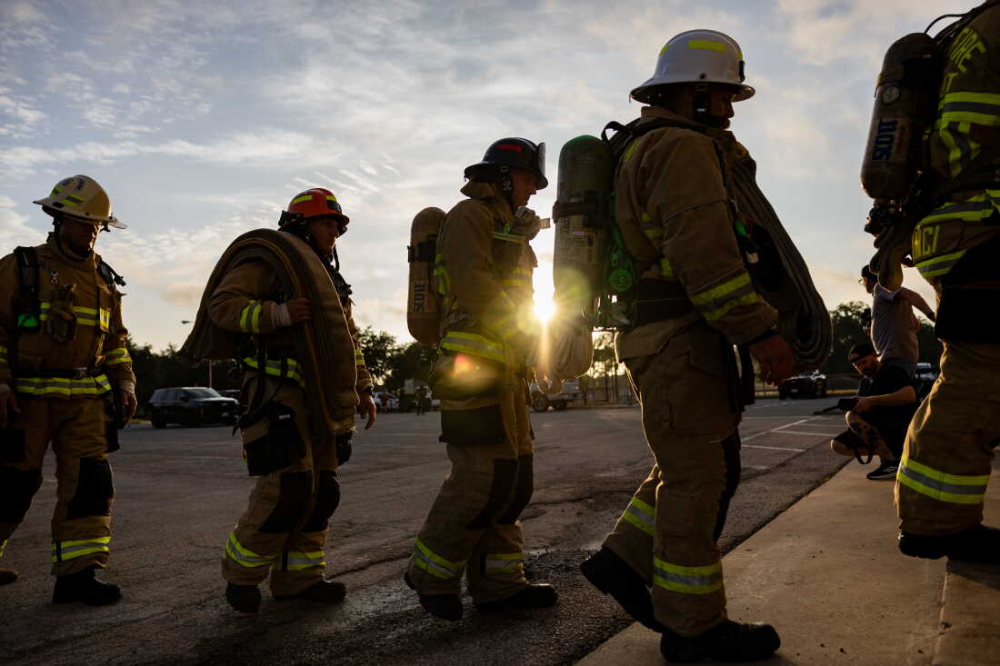 Austin Firefighters enter the Pleasant Valley Tower during the annual Austin Fire Department Memorial Stair Climb on Friday, September 11, 2026. Austin firefighters climbed the tower until they reach 1,386 feet, the height of the World Trade Center, to pay tribute to firefighters who died on 9/11.
