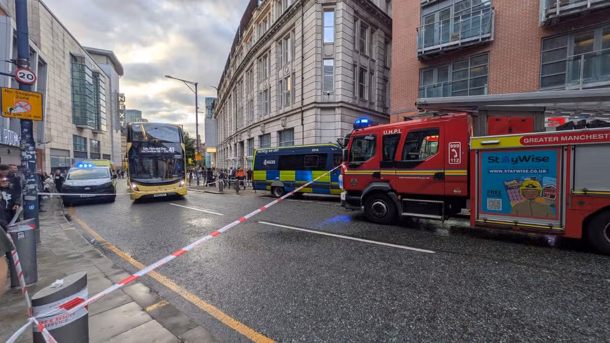 Fire crews and police outside the Printworks in Manchester city centre