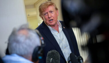 U.S. President Donald Trump speaks to members of the media after traveling to Ireland