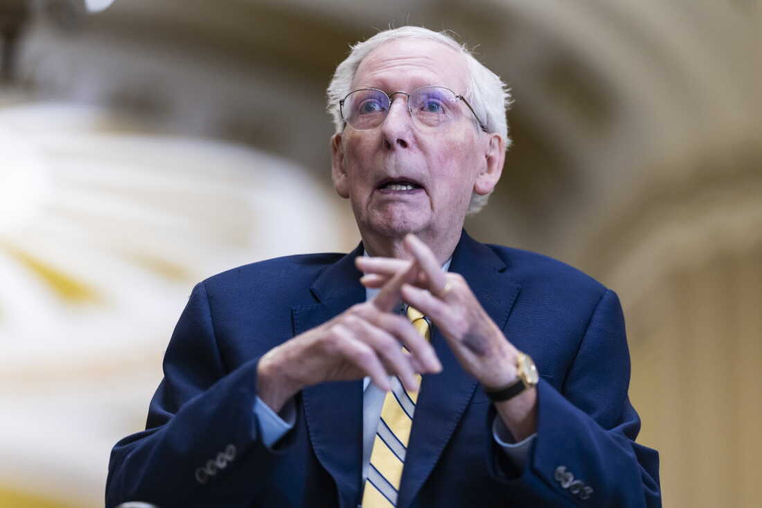 Sen. Mitch McConnell, R-Ky., speaks to the press as he arrives for a vote at the U.S. Capitol on Monday for his first public appearance in over 90 days after he recovered from a fall and illness.