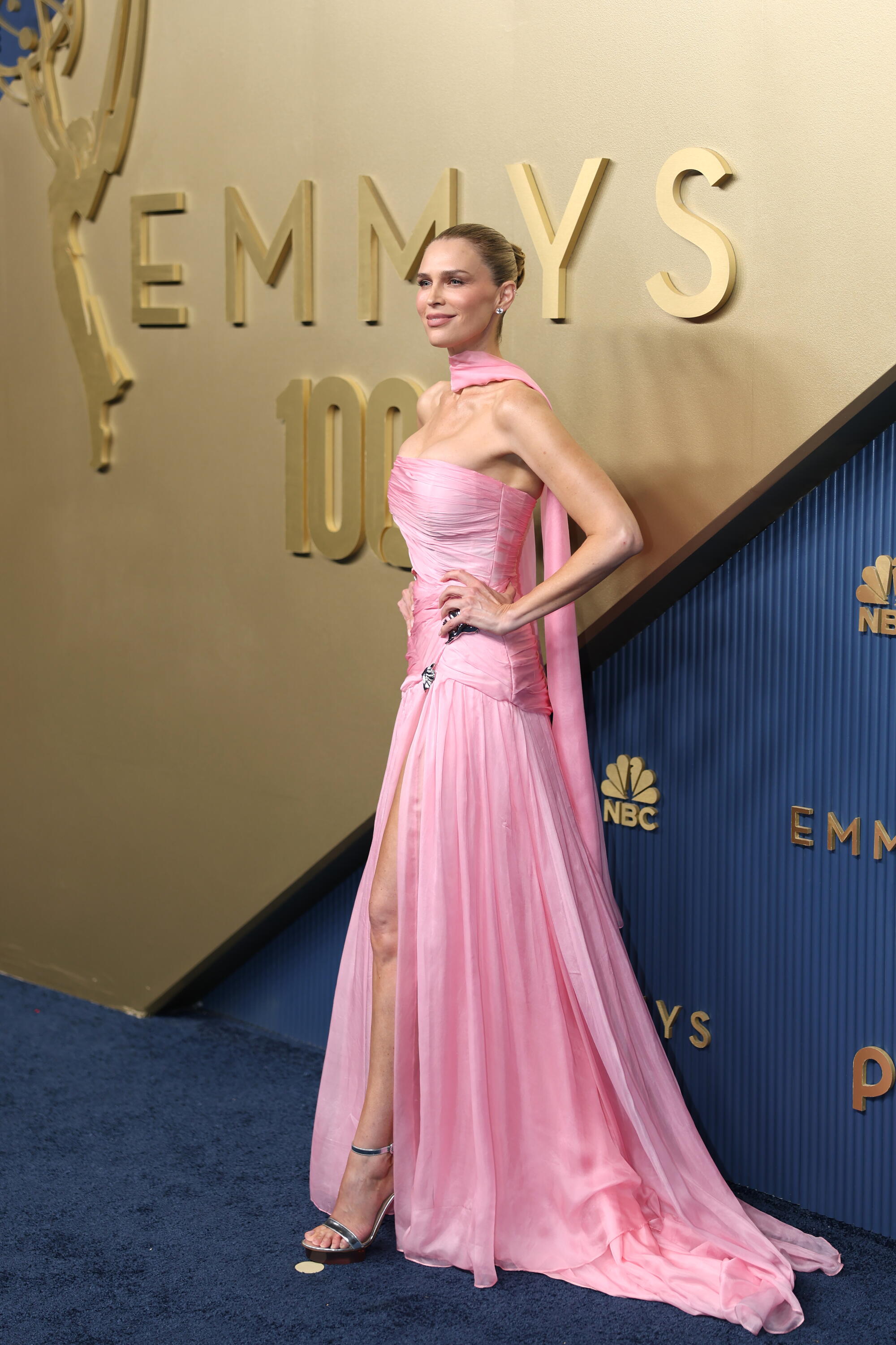 Sara Foster, wearing a pink dress, poses on the Emmys red carpet. 