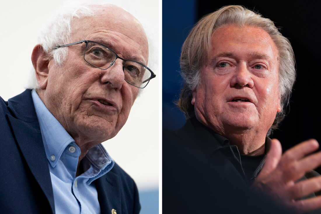 Sen. Bernie Sanders speaks at Mumford High School on May 3 in Detroit. Steve Bannon speaks during the Semafor World Economy Summit 2025 at Conrad Washington on April 23, 2025, in Washington, D.C.