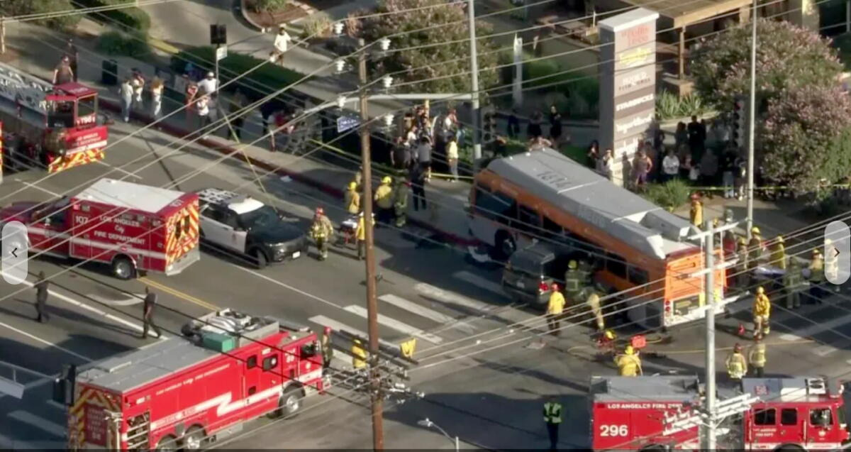 Aerial view of the scene in Chatsworth where a SUV slammed into the side of a Metro bus.