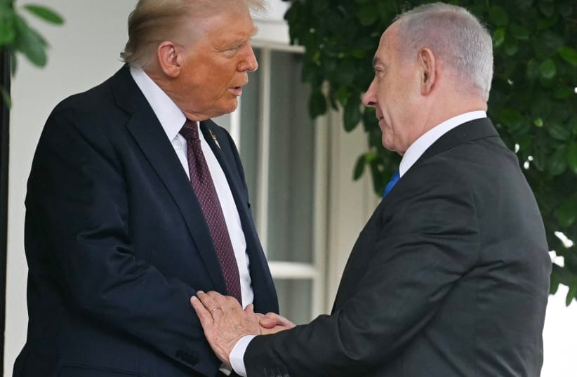 US President Donald Trump greets Israeli Prime Minister Benjamin Netanyahu as he arrives at the West Wing of the White House in Washington, DC on September 29, 2025; illustrative