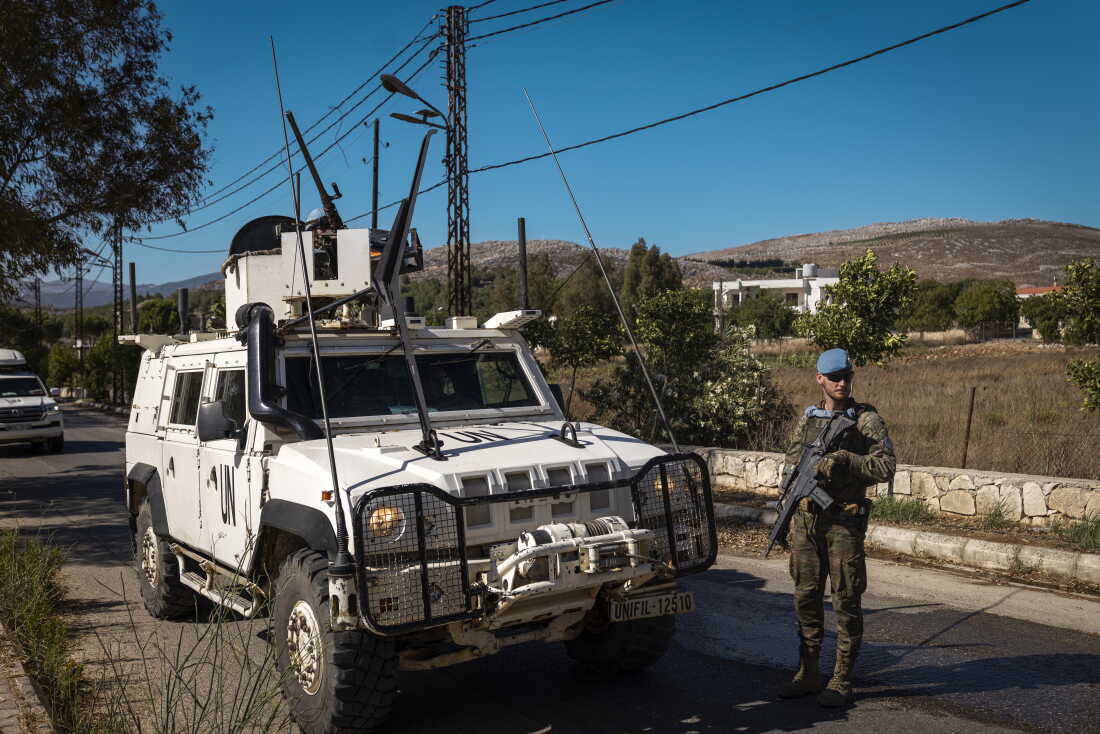 A Spanish UNIFIL battalion patrols the Christian village of Ibel al-Saqi, southern Lebanon. UNIFIL has recently resumed patrols in areas of southern Lebanon that had been inaccessible during Israeli military operations.