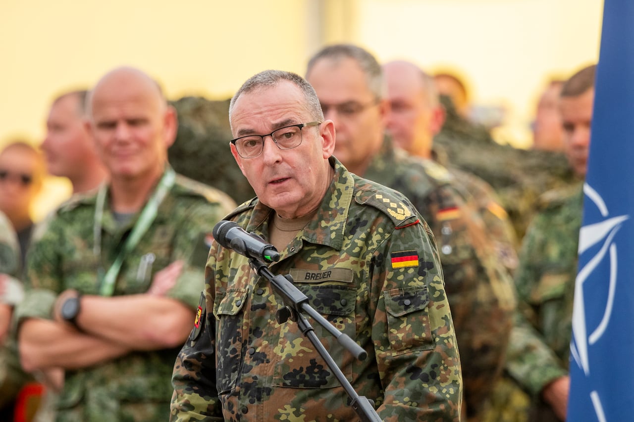 German Chief of Defense Gen. Carsten Breuer makes a statement during the Lithuanian-German division-level international military exercise 'Grand Quadriga 2024' at a training range.