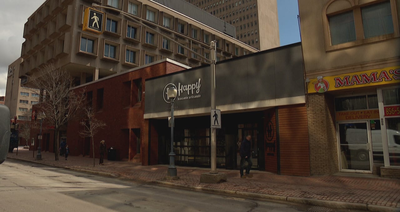 a downtown sidewalk  outside of Happy Brewing