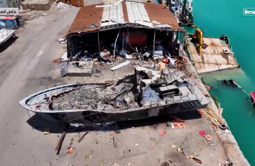 An aerial view shows a damaged boat, as Iran-aligned Houthis seized control of Yemen's port city of Mocha on Thursday, in Mocha, Yemen, in its screengrab taken from a handout video released on September 12, 2026.