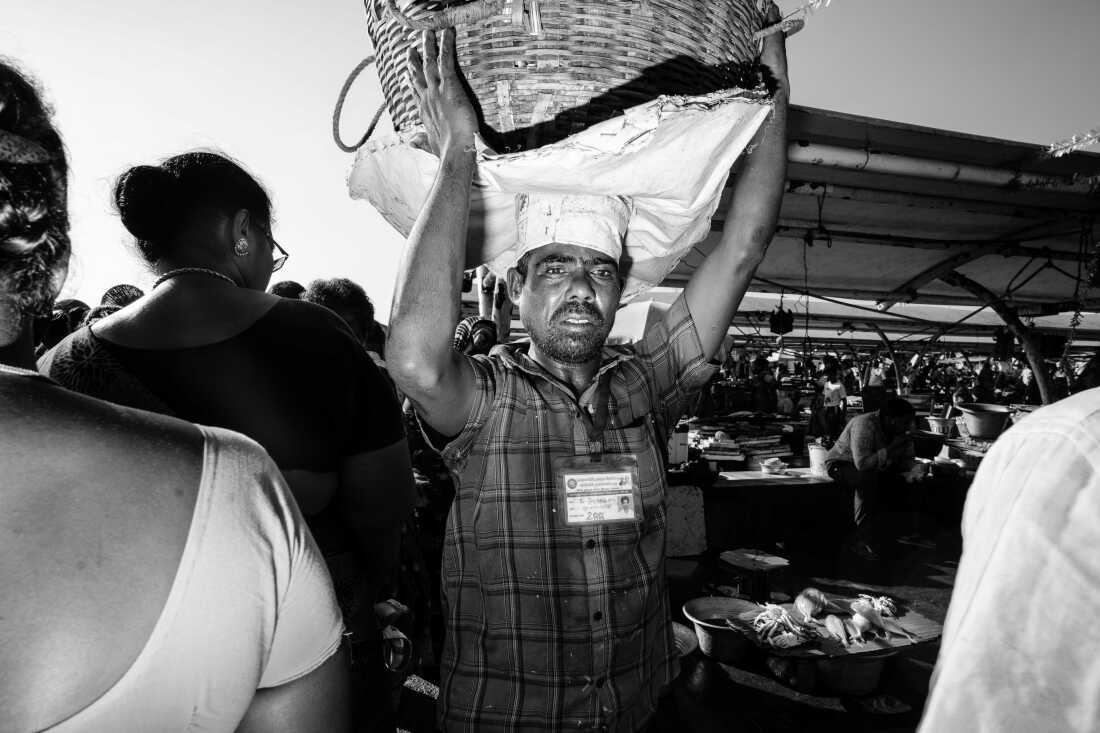 A basket man carries a load of fish through Kasimedu Fishing Harbour in Chennai, India. Nearly 1,000 of the harbor's roughly 5,000 workers carry fish this way, mostly migrant laborers who earn about $5 a day.