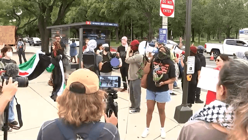 Protesters speak in support of Palestinian rights in Philadelphia on Saturday. (KYW)