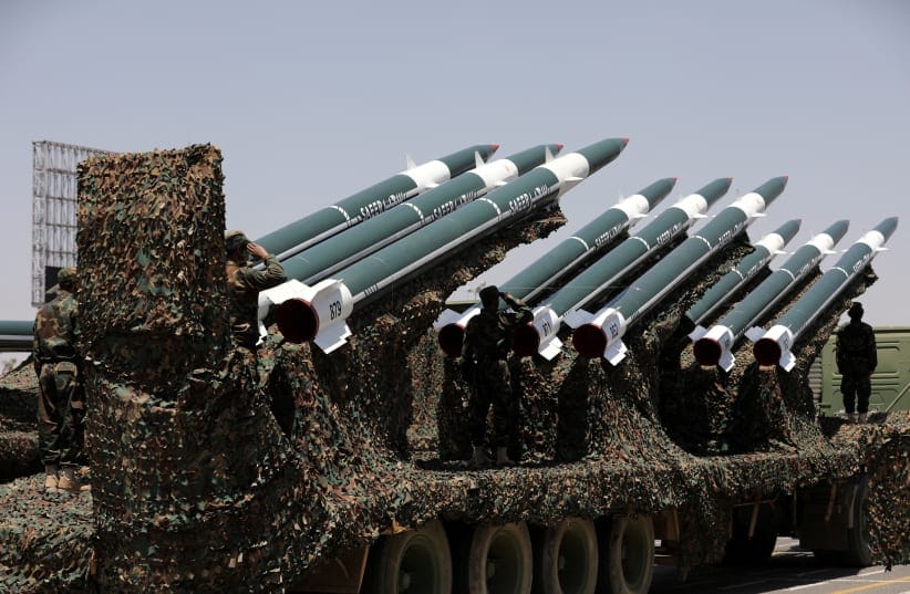 Missiles are displayed during a military parade held by the Houthis, who are armed primarily by the IRGC.