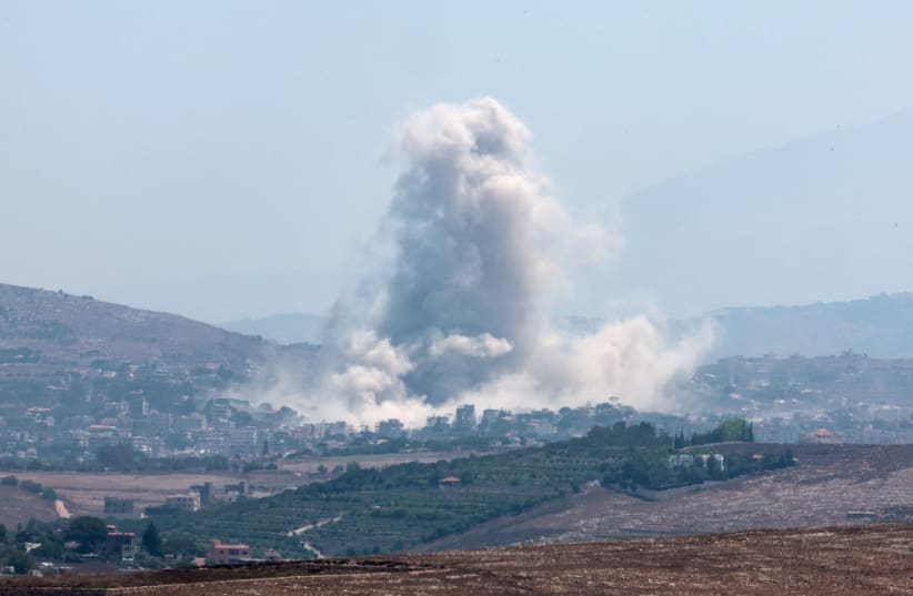 An explosion takes place in an area controlled by Israel in southern Lebanon, as seen from the edge of Zawtar al-Gharbiyeh, Lebanon, July 23, 2026.