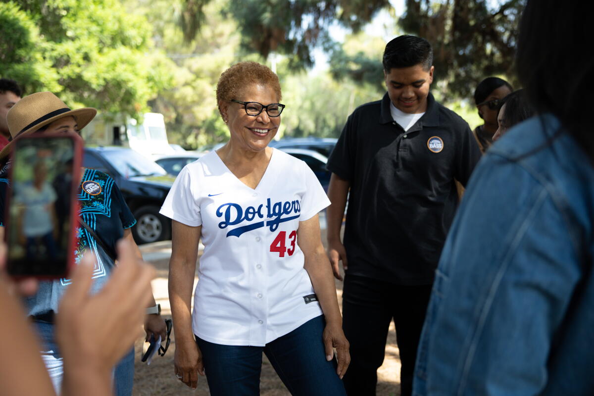 Mayor Karen Bass wearing a Dodgers shirt