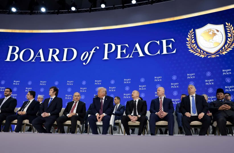 World leaders gather during a charter announcement for US President Donald Trump's Board of Peace, in Davos, Switzerland, January 22, 2026