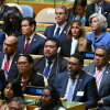 From left, Secretary of State Marco Rubio, Treasury Secretary Scott Bessent, first lady Melania Trump, White House chief of staff Susie Wiles, U.S. Ambassador to the United Nations Mike Waltz and U.S. Trade Representative Jamieson Greer listen as President Trump addresses the 81st United Nations General Assembly at U.N. headquarters in New York on Sept. 22.