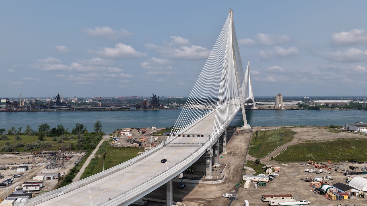Aerial (drone) image of Gordie Howe International Bridge, the day after opening to traffic.