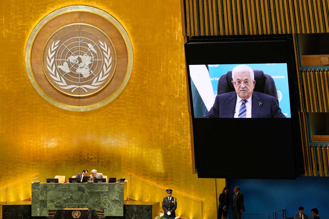 Palestinian President Mahmoud Abbas speaks via pre-recorded video after being denied a visa to attend in person during the 81st session of the United Nations General Assembly at United Nations headquarters, Thursday, Sept. 24, 2026.
