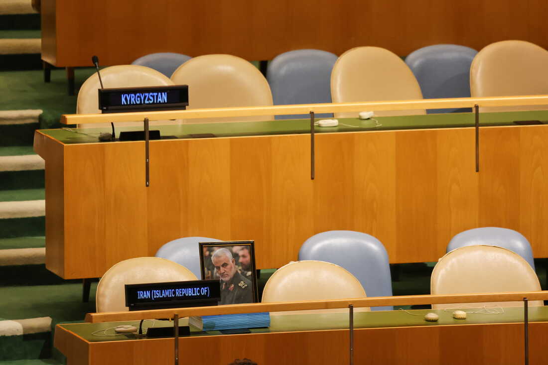 A photo of the late Qasem Soleimani is displayed as chairs for delegates from Iran are unoccupied while Israeli Prime Minister Benjamin Netanyahu speaks during the 81st session of the United Nations General Assembly at United Nations headquarters, Thursday, Sept. 24, 2026.