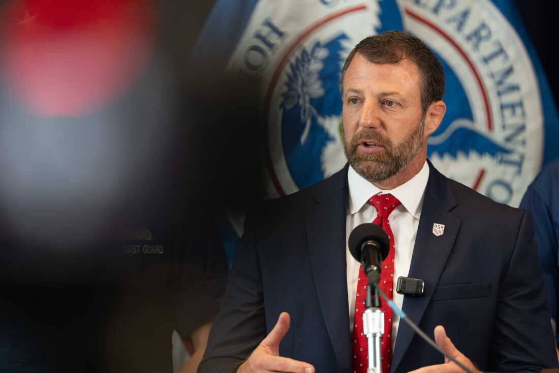 Department of Homeland Security Secretary Markwayne Mullin speaks during a news conference July 1 in New York.