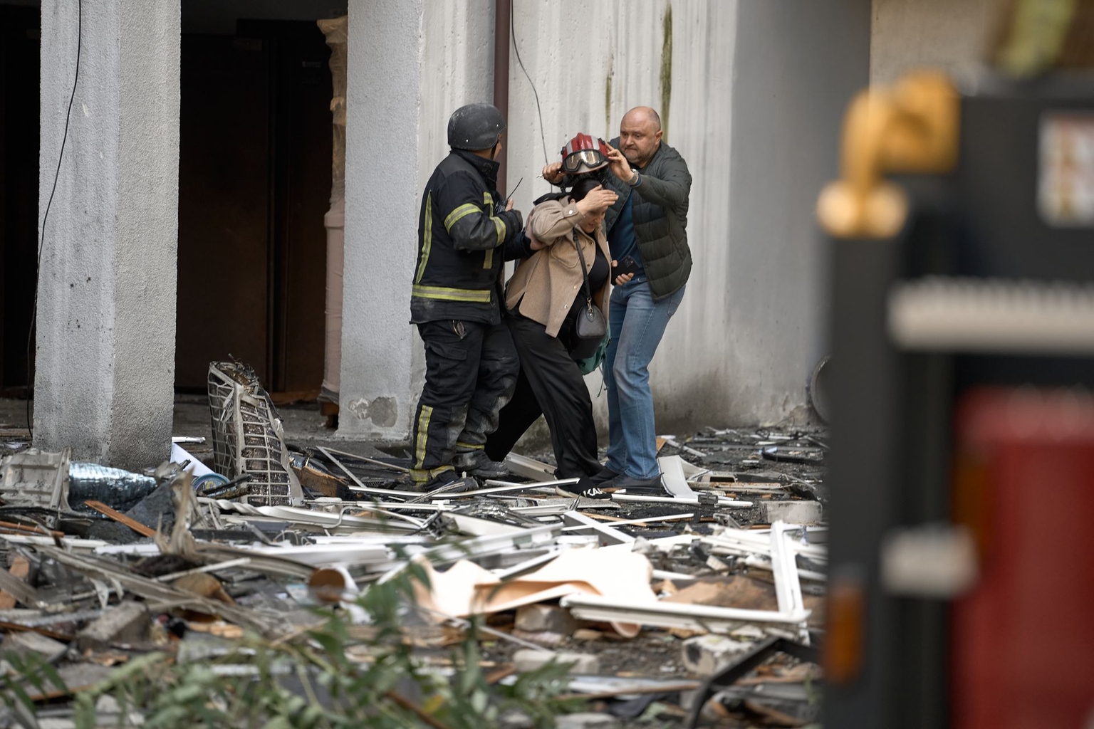 A Russian drone struck a 16-story residential building in Kyiv's Pecherskyi district, damaging several upper floors and causing a fire, in Kyiv, Ukraine, on Sept. 25, 2026.