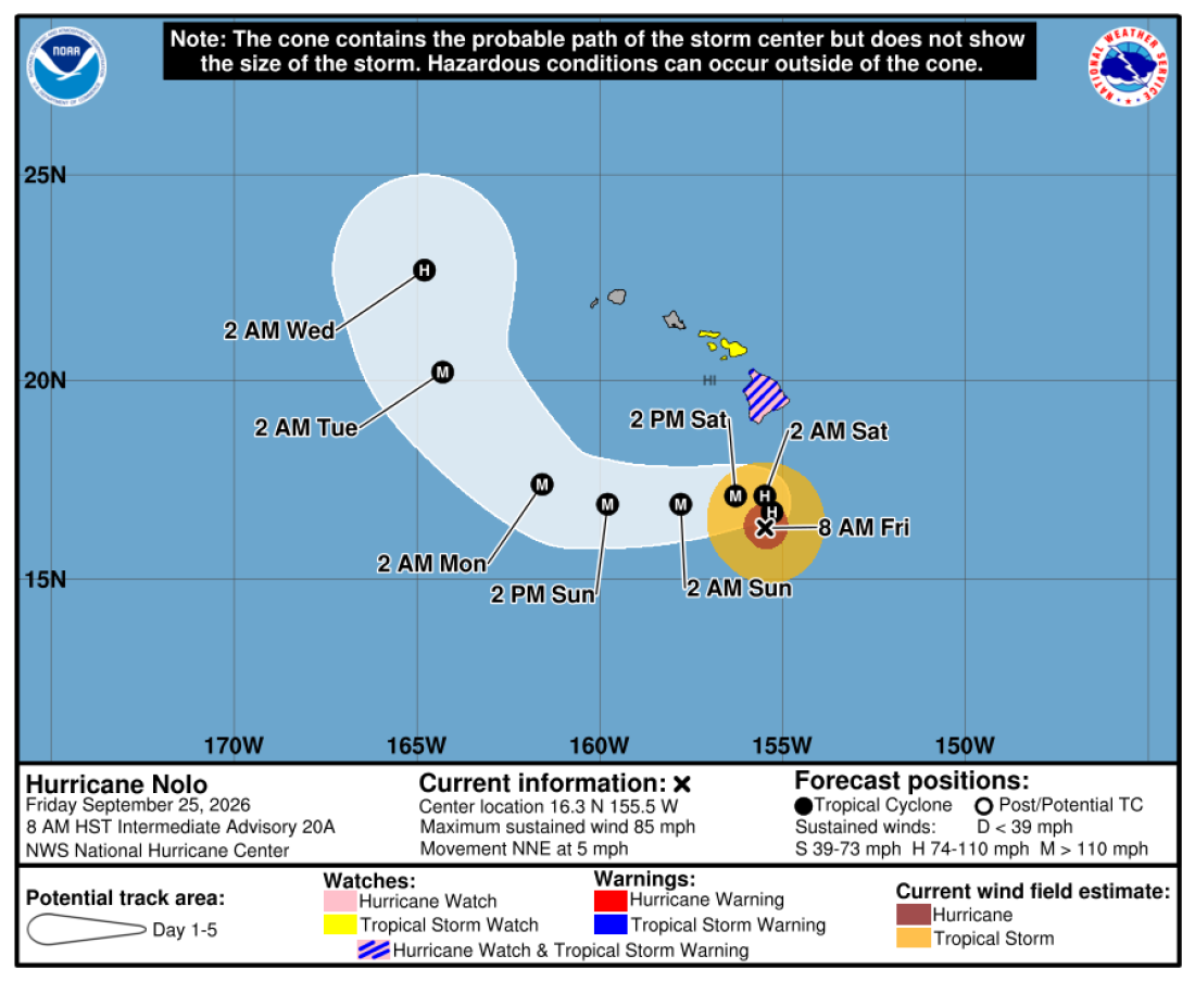 A forecast cone shows the expected movements of Hurricane Nolo as it approaches the Hawaiian archipelago.