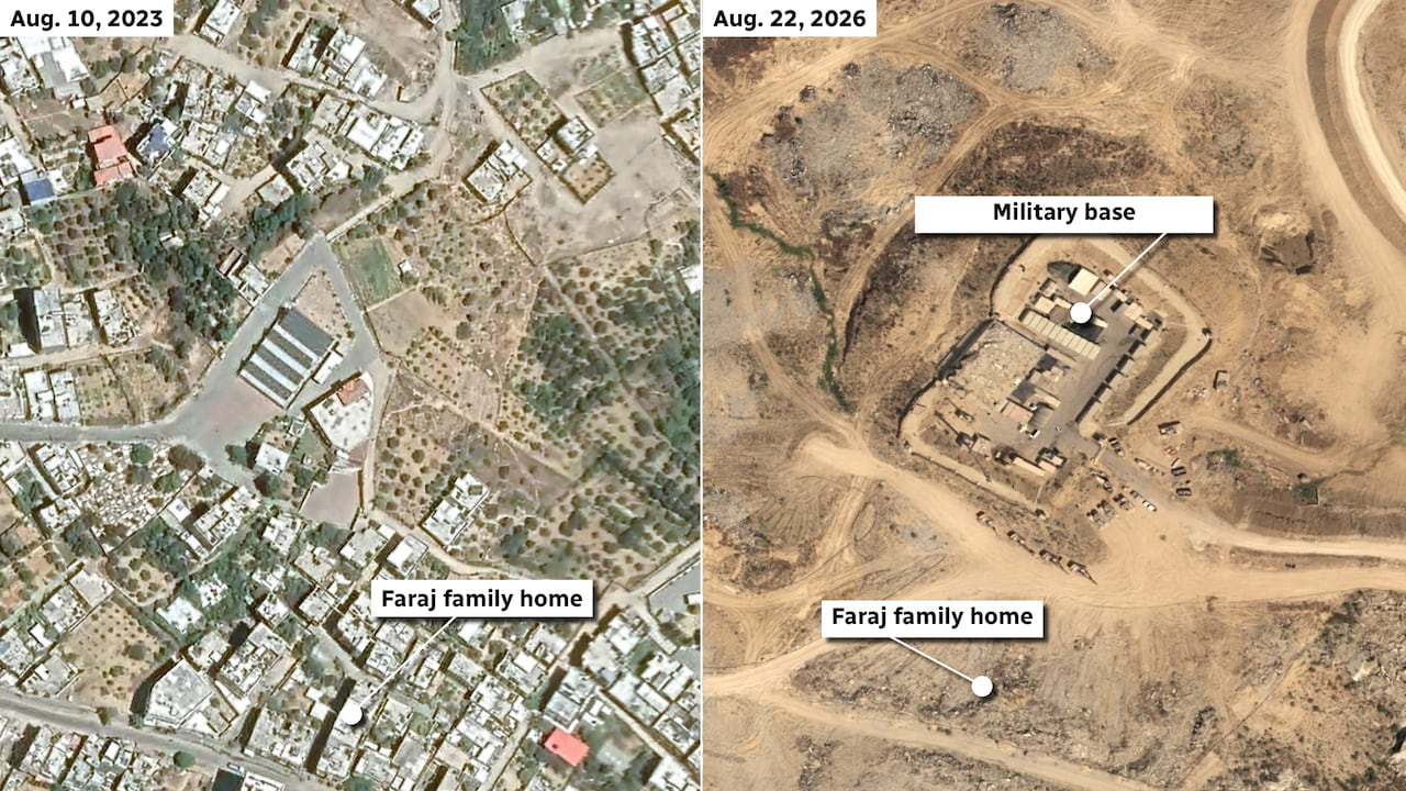 A composite image shows the destruction of a neighbourhood over time.