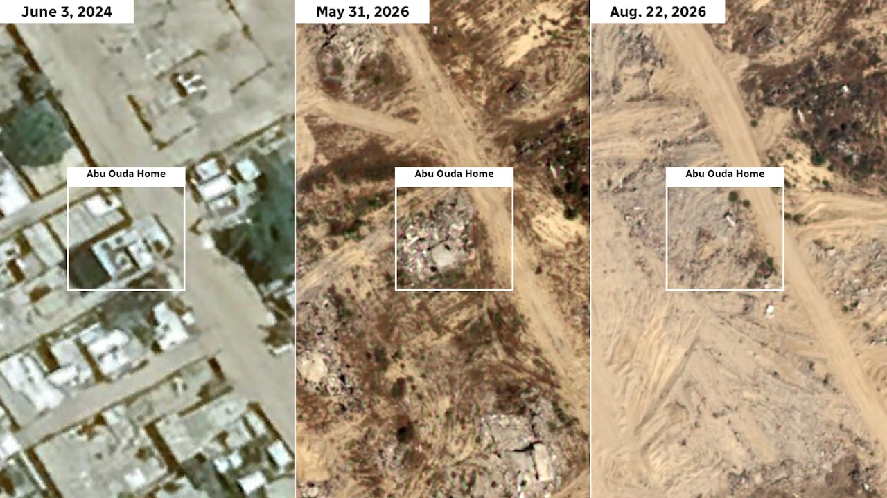 A compilation of satellite images show the destruction of a neighbourhood over time.