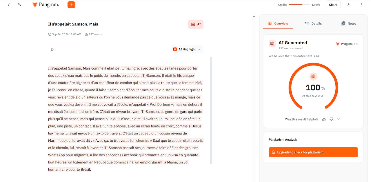 A screengrab of AI-detection tool Pangram's analysis after CBC presented it with an excerpt from Thélyson Orélien's novel C'était ça ou mourir.