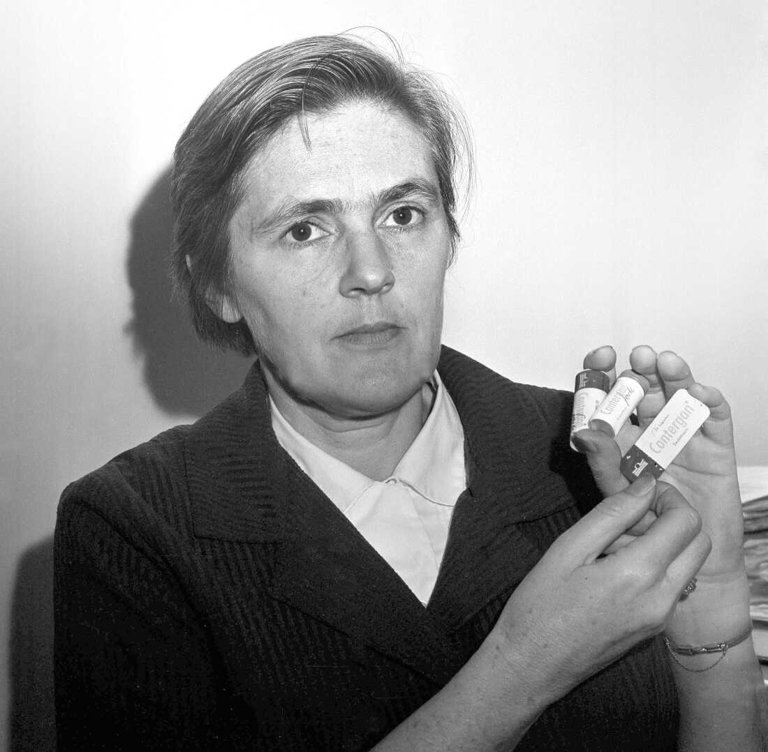Dr. Frances Oldham Kelsey, then-pharmacologist at the Food and Drug Administration in Washington, holds three packages of Contergan, the German brand name for Thalidomide, on Oct. 15, 1962. Kelsey prevented the FDA from approving the drug for general use in the United States.
