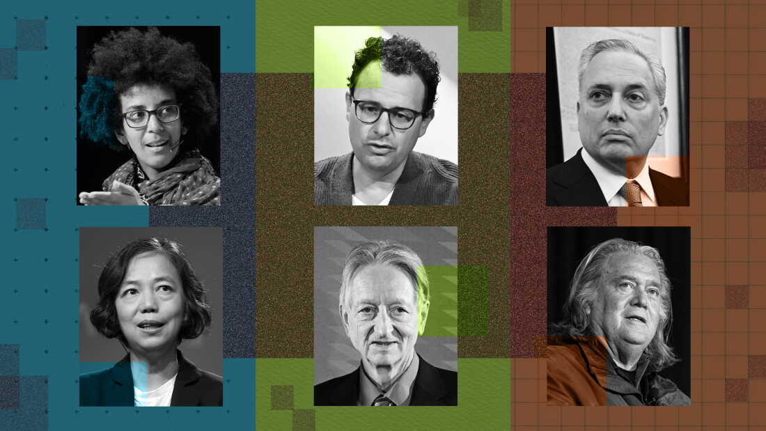 A collage of 6 artificial intelligence figures, clockwise from top left: Then-Google AI research scientist Timnit Gebru, Anthropic Co-founder and CEO Dario Amodei, White House AI and crypto czar David Sacks, Steve Bannon, computer scientist and cognitive psychologist Geoffrey Hinton, researcher Fei-Fei Li.