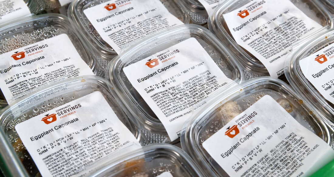 Containers of eggplant caponata from Community Servings are ready to be delivered to the homes of Boston-area residents who receive medically tailored meals.