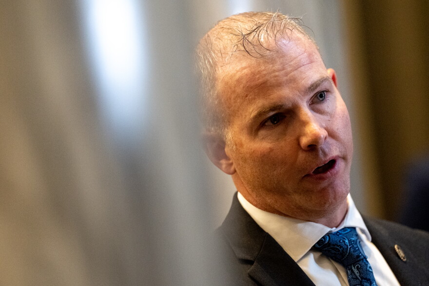 Missouri Sen. Rick Brattin, R-Harrisonville, and Freedom Caucus member speaks on Friday, May 17, 2024, during the last day of the legislative session in Jefferson City.