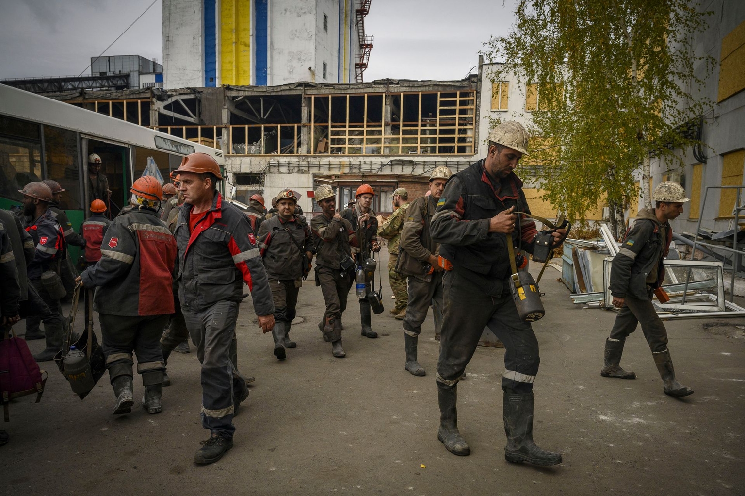 Miners leave the Pokrovs'ke coal mine near Pokrovsk, Ukraine, on October 25, 2024.
