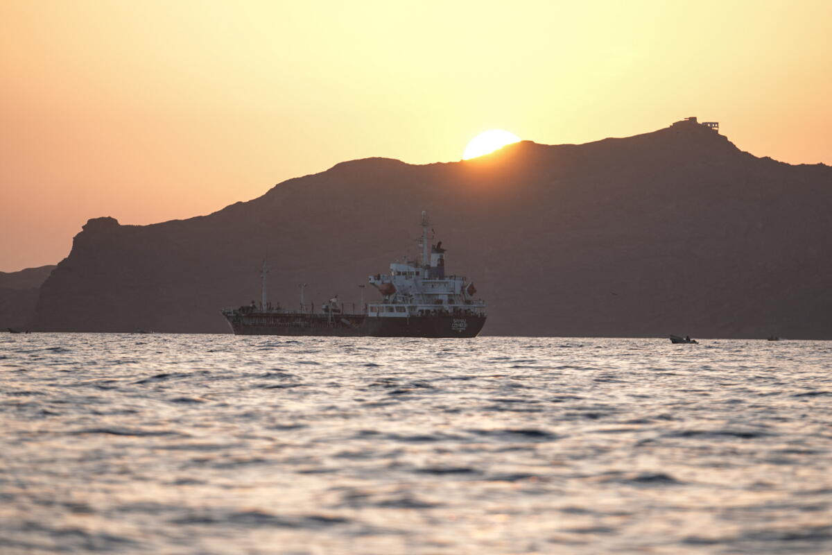 A commercial vessel is anchored off Yemen's coast at Bab el-Mandeb