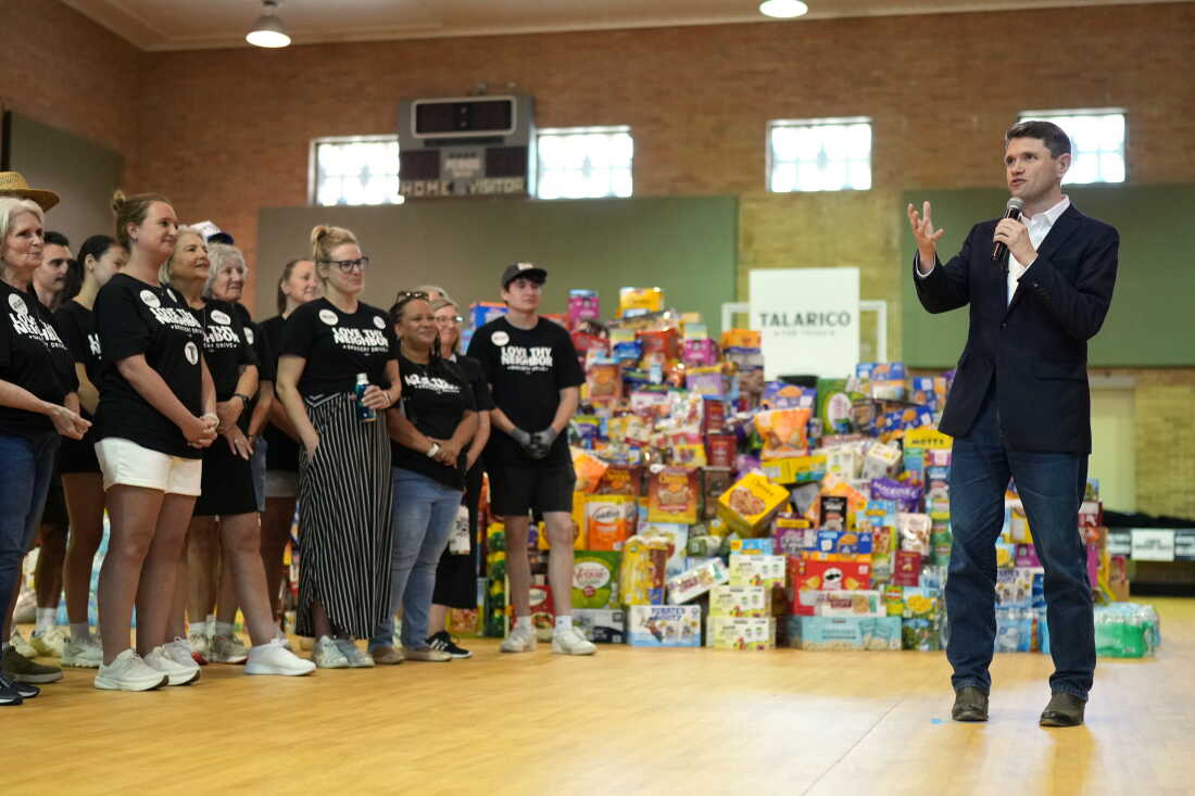 Democratic U.S. Senate candidate Texas state Rep. James Talarico speaks at a food drive at the Frederick Douglass Human Services and Justice Center.