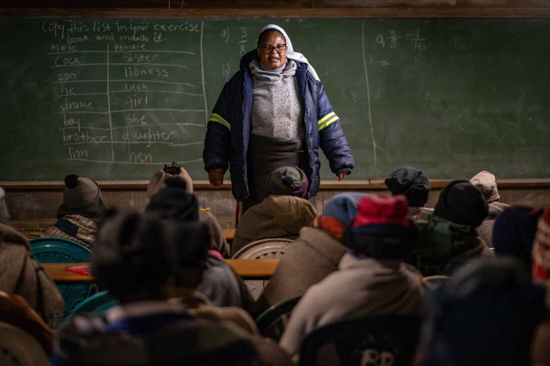 Sister Rosemary Mokebe teaches students at the Good Shepherd night school in Semonkong, Lesotho.