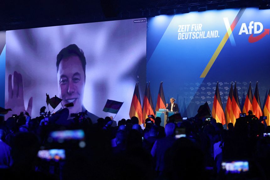 Elon Musk is seen on a large screen as a previous AfD election party in late January. The US tech billionaire and businessman applauded the group's gains at recent state elections.