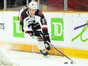 Matthew Mayich of the Ottawa 67's skates with the puck during a game in 2024.