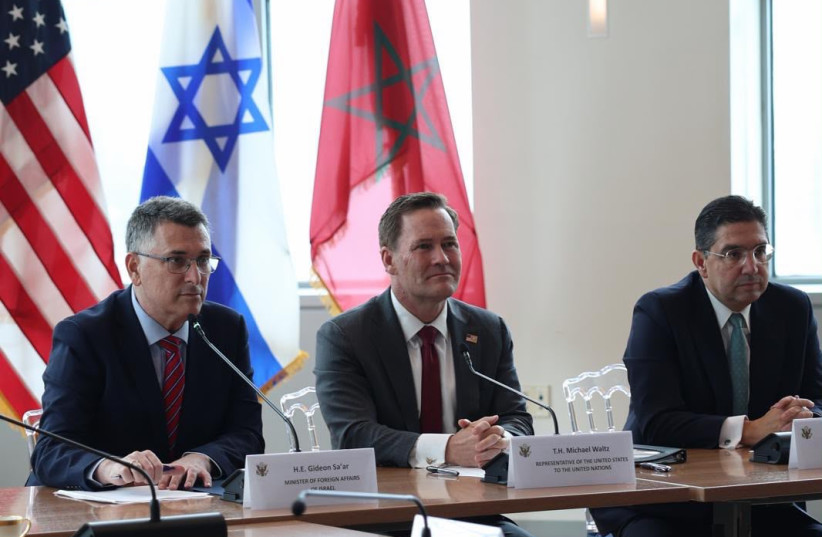 From left: Israeli FM Gideon Sa'ar, US amb. to UN Mike Waltz, and Moroccan FM Nasser Bourita meet to discuss the upgrade of diplomatic relations between Morocco and Israel on September 16, 2026.