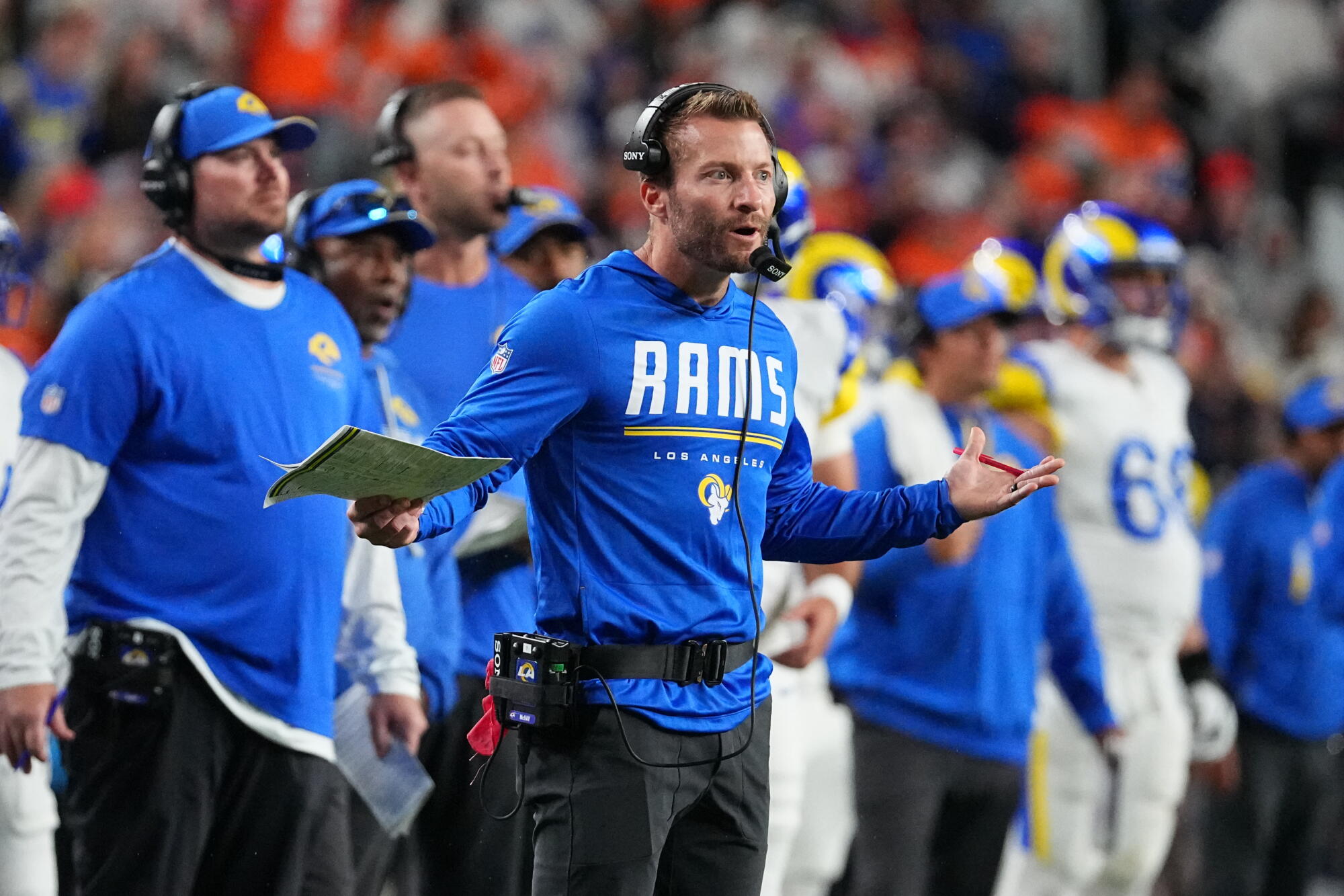 Rams coach Sean McVay reacts to a call during a loss to the Denver Broncos on Sunday.