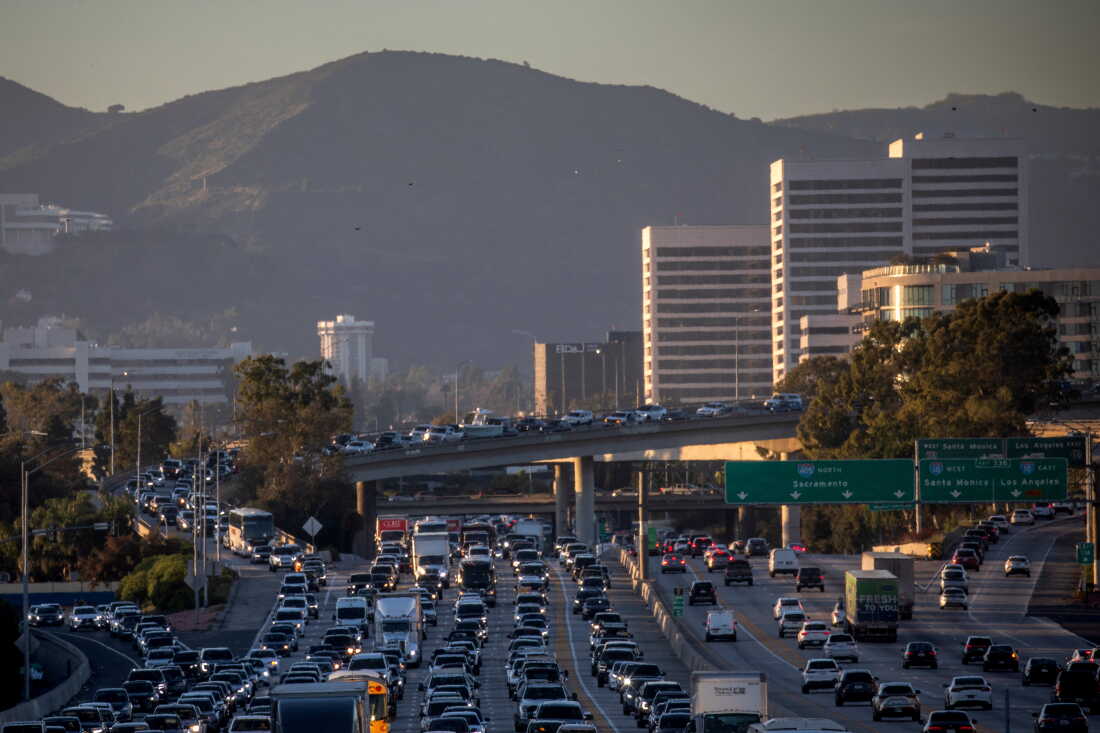 Traffic moves along the 405 Freeway on Feb. 13 in Los Angeles.