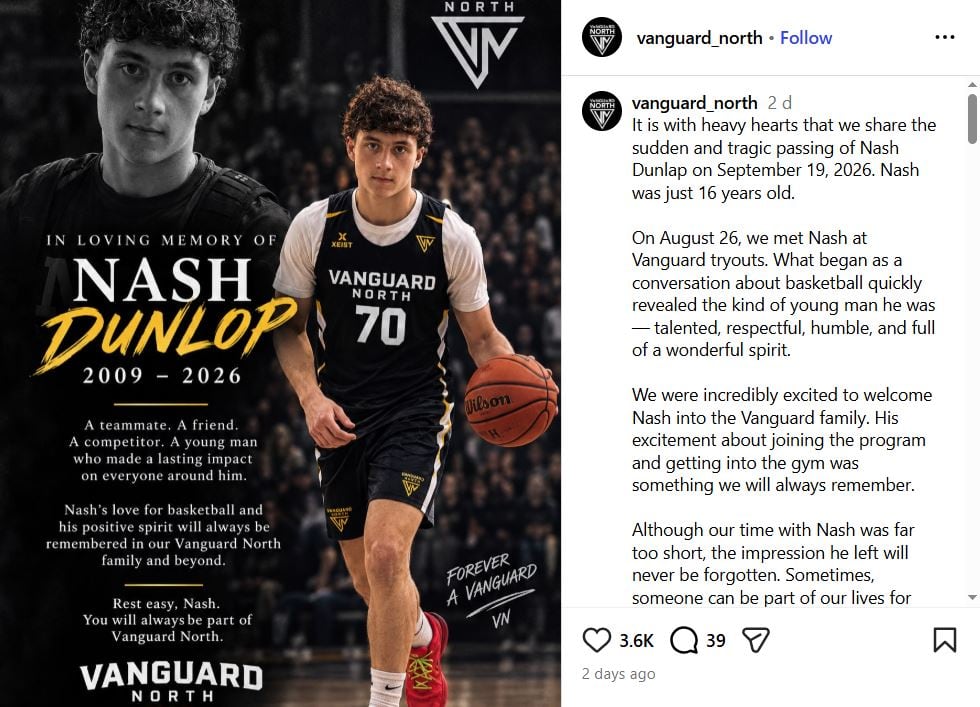 A instagram post of a young man playing basketball.