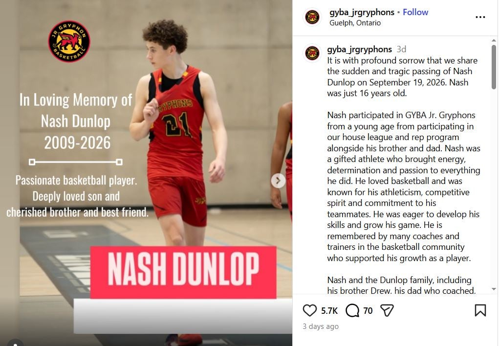 An Instagram post with a teen playing basketball.