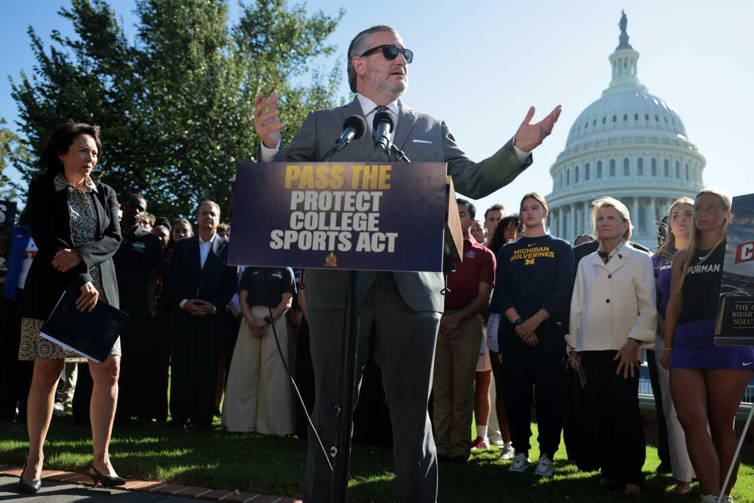Senator Ted Cruz, wearing a suit and sunglasses, stands outdoors behind a lectern equipped with microphones as he speaks about the Protect College Sports Act at a news conference with NCAA athletes and coaches on September 14 in Washington, D.C. With him are Senator Maria Cantwell and Senator Shelley Moore Capito, who are standing off to the sides of the frame.