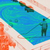 An illustration superimposing images of a protester, a detainee, a pool vacuum and the presidential motorcade in the vicinity of the reflecting pool. 