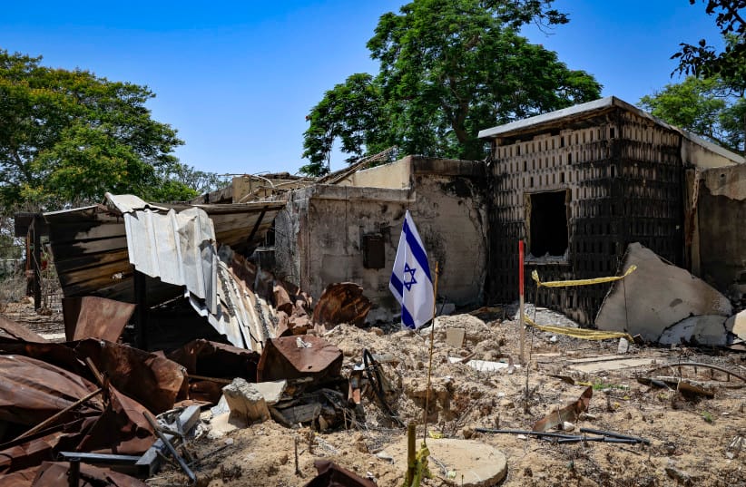 A view of homes destroyed and burned in the Hamas October 7, 2023 massacre at Kibbutz Nir Oz, near the Gaza border, August 5, 2026
