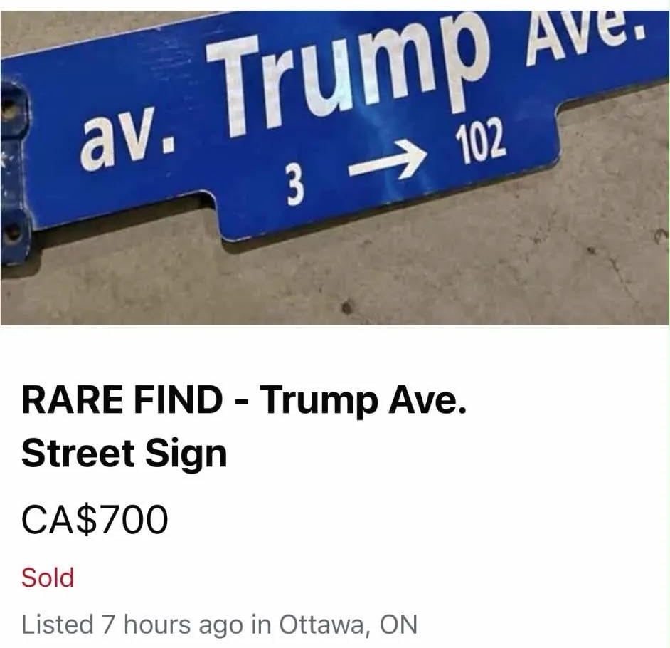 A social media post advertising a street sign for sale, and noting it sold for $700.
