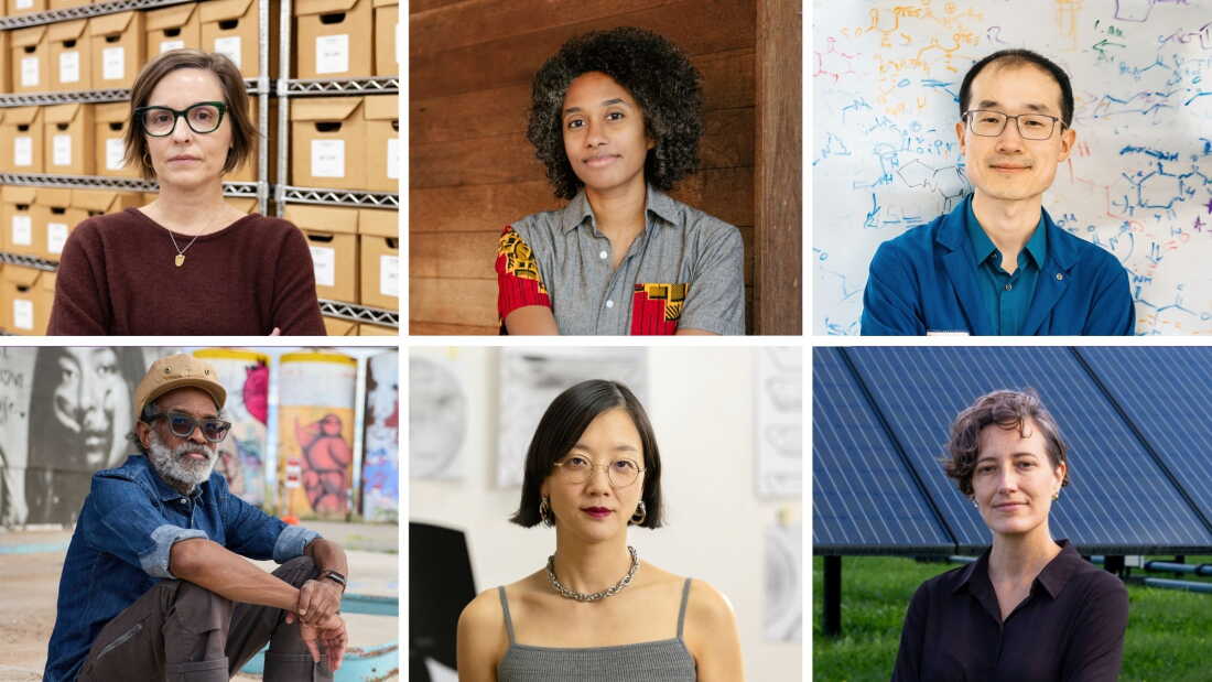 Clockwise from top left: forensic anthropologist Kate Spradley, labor economist and economic historian Ellora Derenoncourt, organic chemist Song Lin, sociologist and energy policy researcher Holly Jean Buck, artist Christine Sun Kim and public artist Chip Thomas.