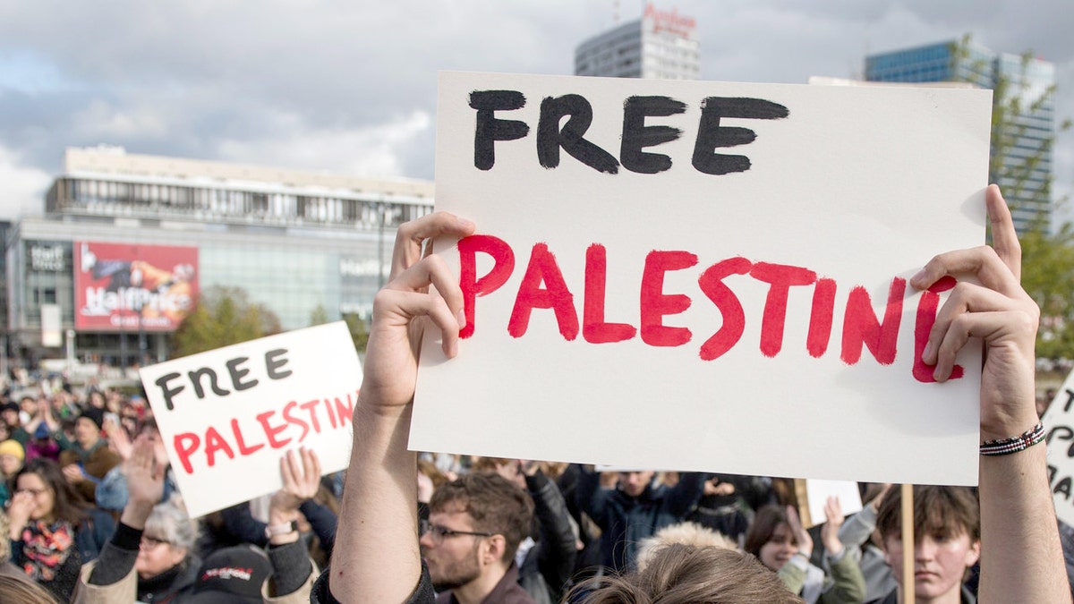 Protester holding a Free Palestine sign